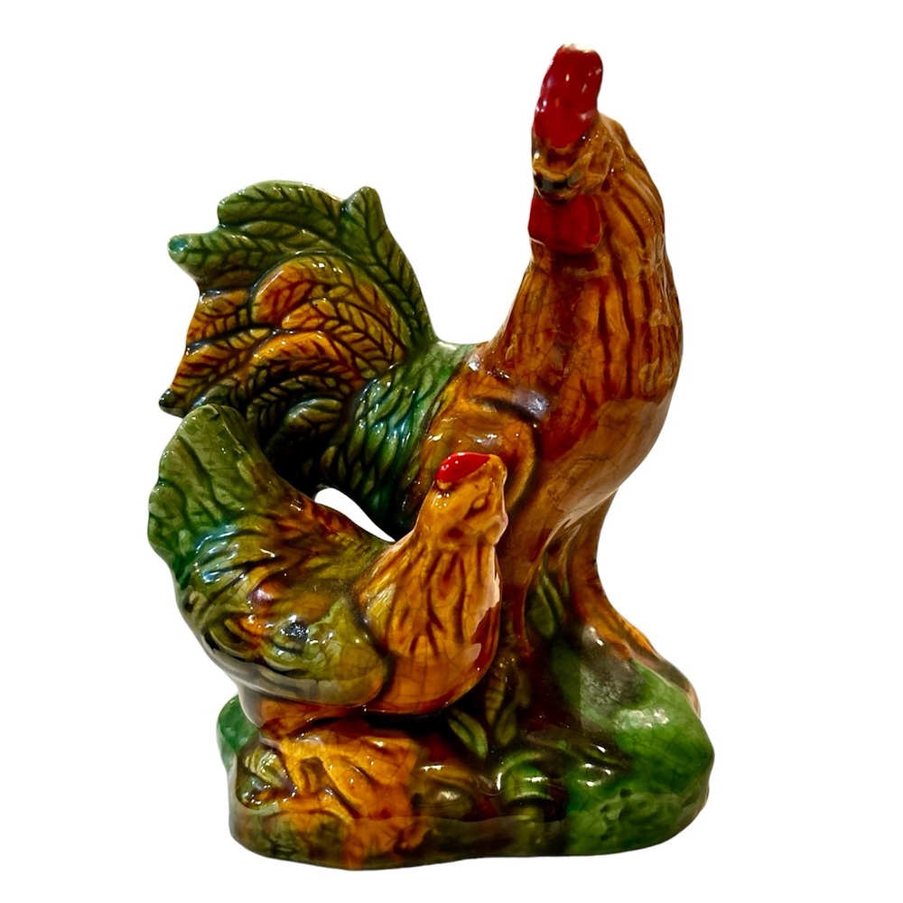 Vintage Majolica Rooster and Hen Vintage Figurine 7.75”